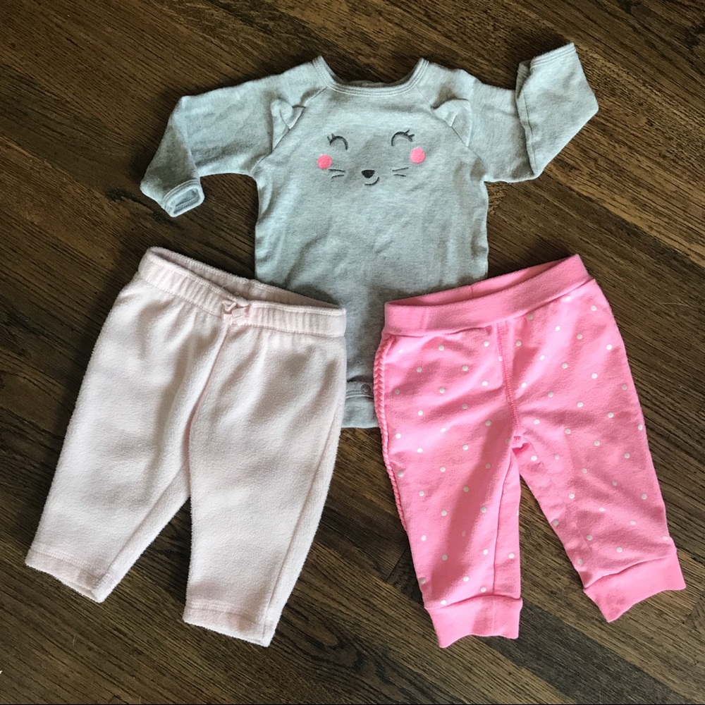 EUC Baby girls cat bodysuit & 2 pink pants